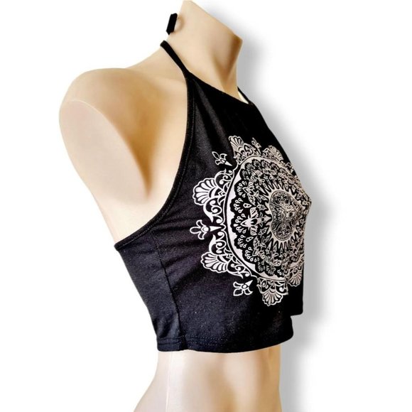 Black halter tie kite crop top with white mandala screen print on front. - Picture 5 of 7